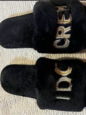 Black Fuzzy Slide Sandals with Embroidered Gold Lettering